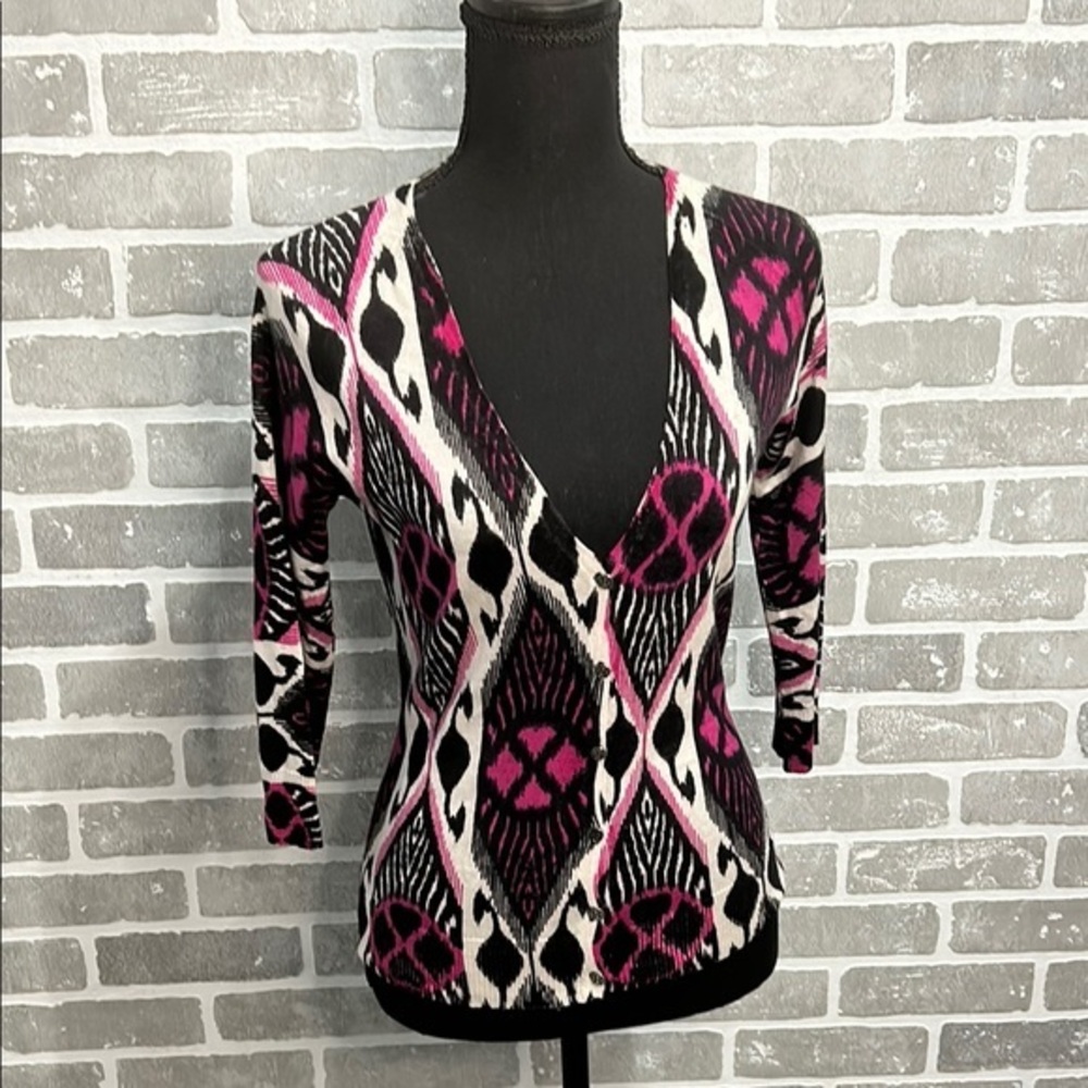 Tory Burch Ikat Print Merino Wool Cardigan Sweater Pink Black V Neck Size Small - Picture 2 of 14